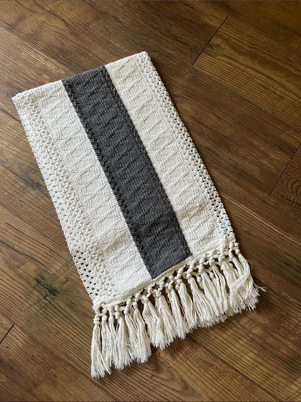 Boho  Table Runner in Cream and Charcoal with Fringe 11”X 64”
